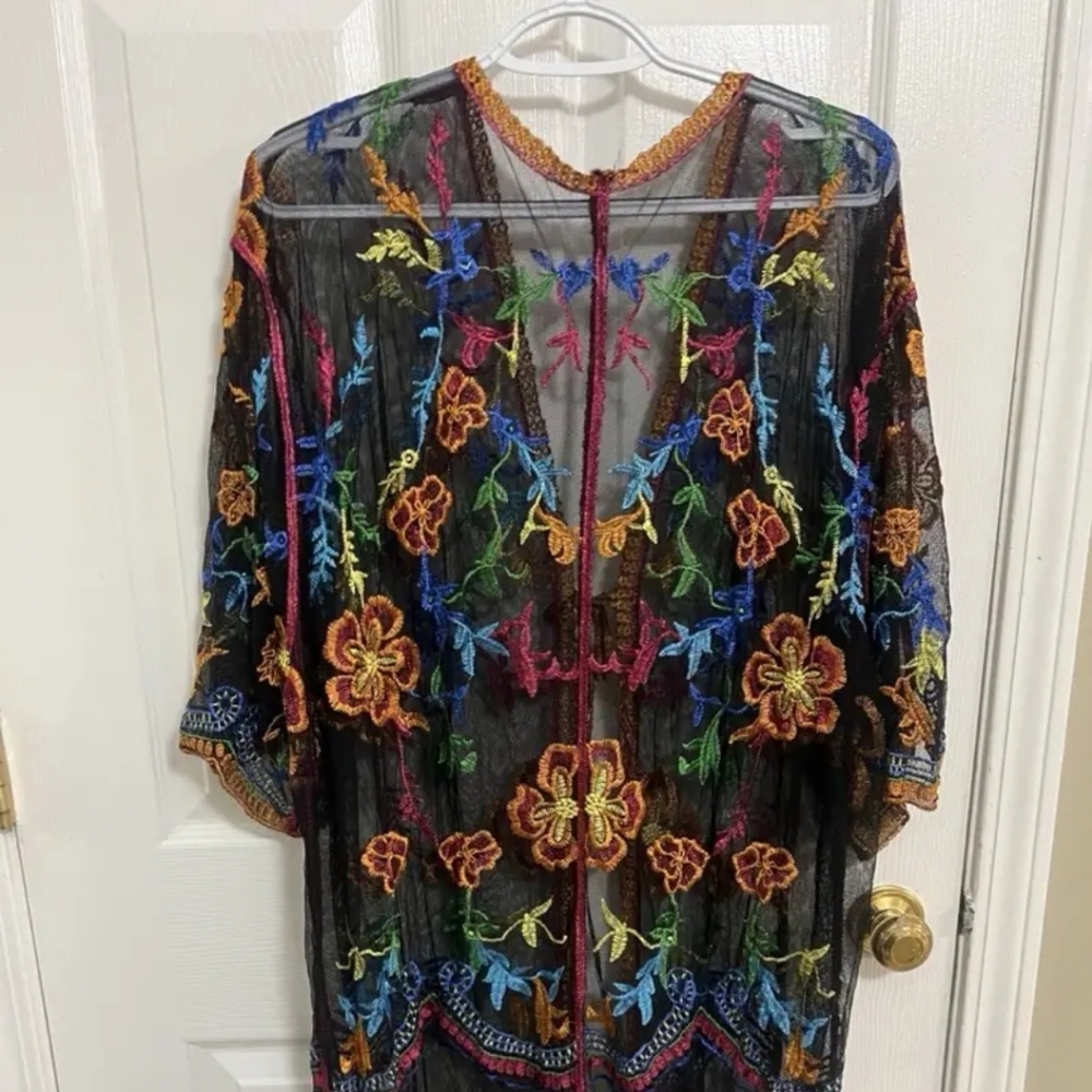 Bohemian Style Long Sleeve Embroidered Mesh Kimono, Mixed Colors Navy OSFM - Picture 7 of 9